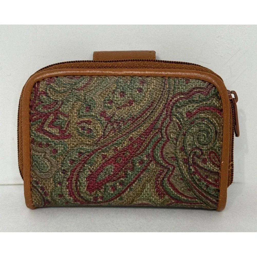 Green Paisley Fabric Wallet Womens Brown Trim Zip Closure Accessory